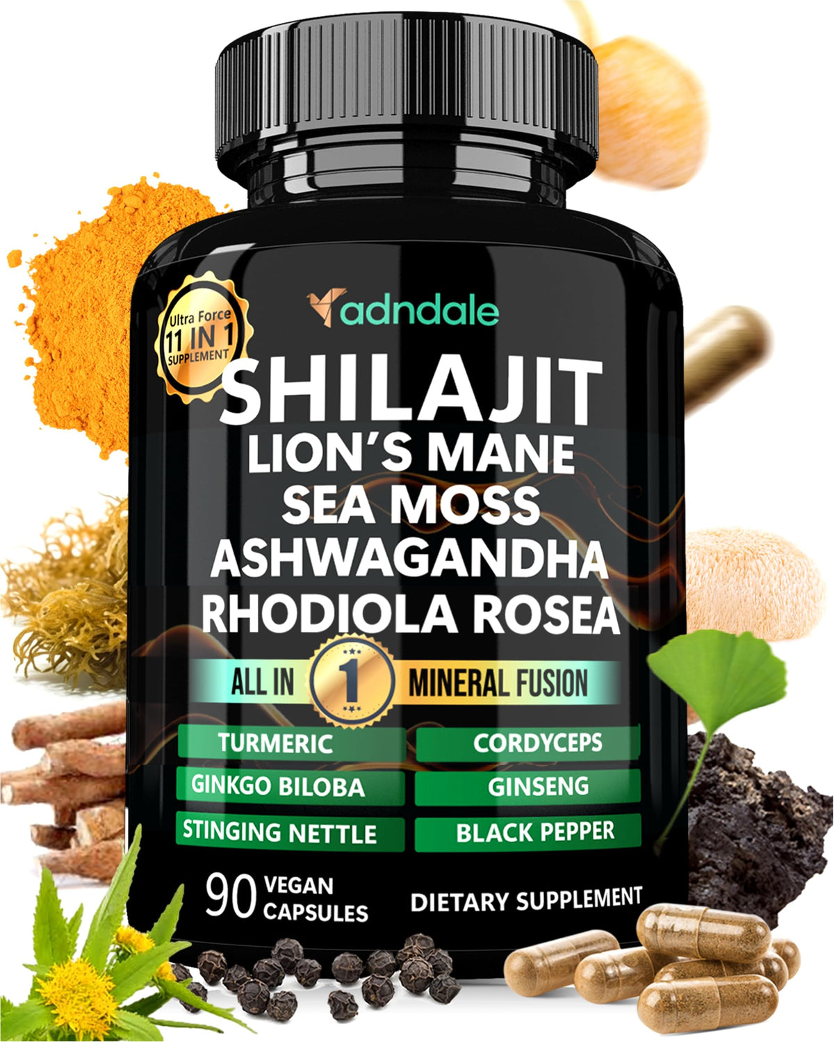 Capsules de Shilajit Adndale 90 unités, vue de face