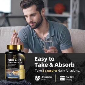 Capsules de Shilajit BBEEAAUU avec mousse de mer et ashwagandha à côté d'une tasse d'eau