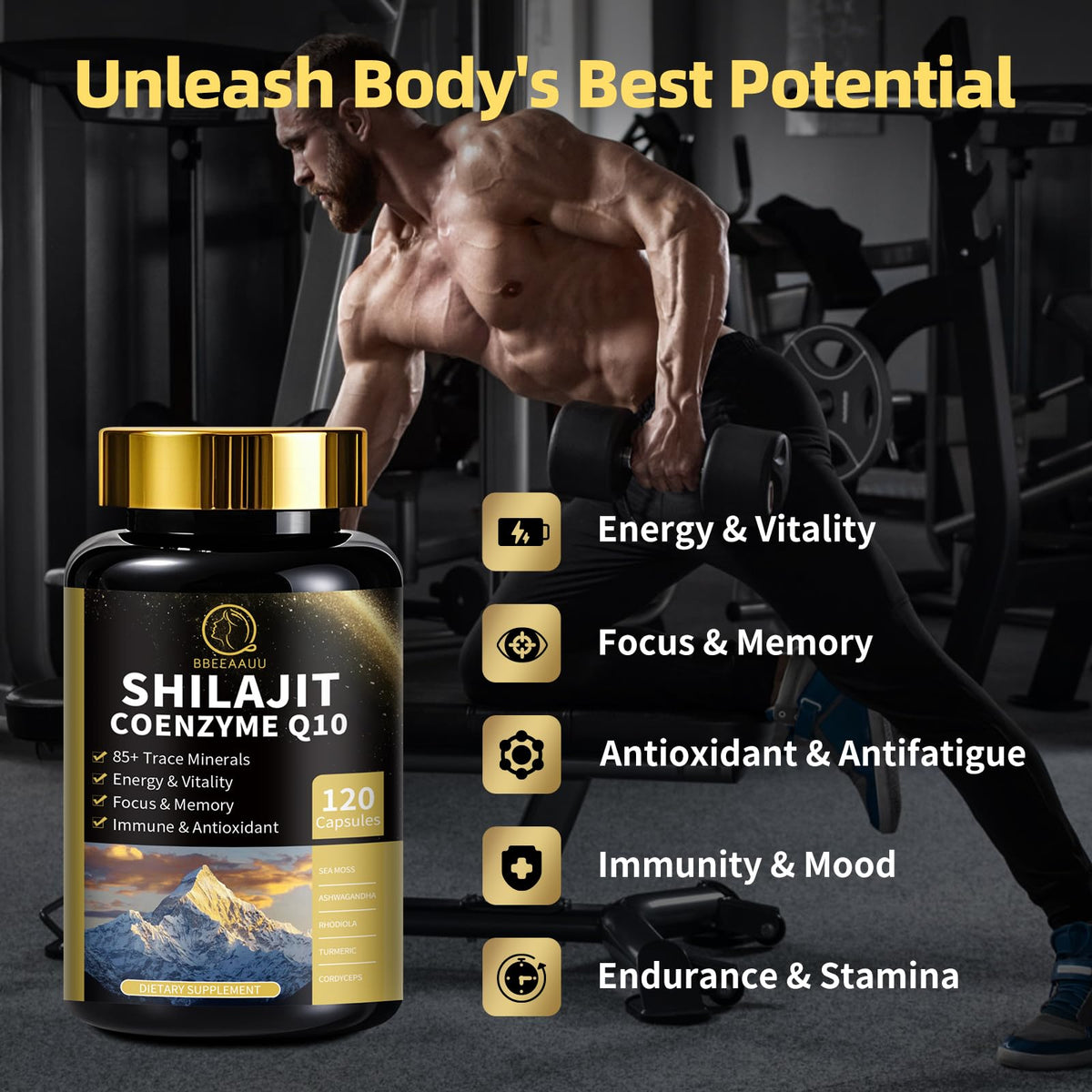 Capsules de Shilajit BBEEAAUU sur un fond blanc
