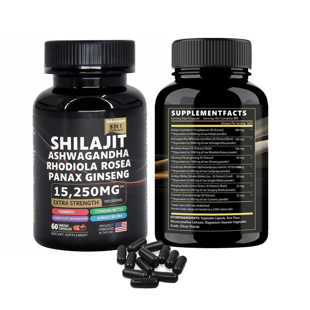 Capsules de Shilajit DCRWVCTON sur une surface blanche