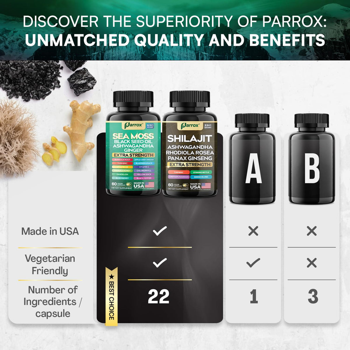 Capsules de Shilajit et Sea Moss Parrox sur une table