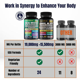 Capsules de Shilajit et Sea Moss sur un fond naturel