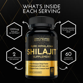 Capsules de Shilajit Himalayen Atlantis Nutrition avec un verre d'eau