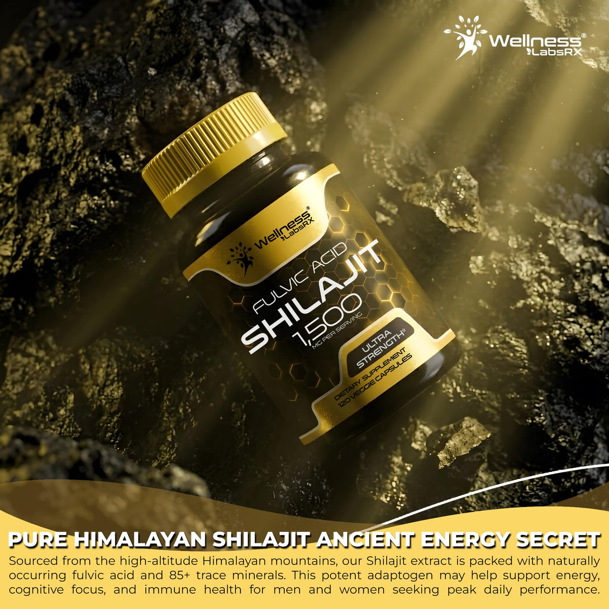 Capsules de Shilajit Himalayen WELLNESS LABSRX sur une table