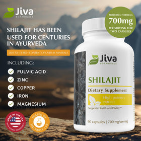 Capsules de Shilajit Jiva Botanicals avec acide fulvique sur une table