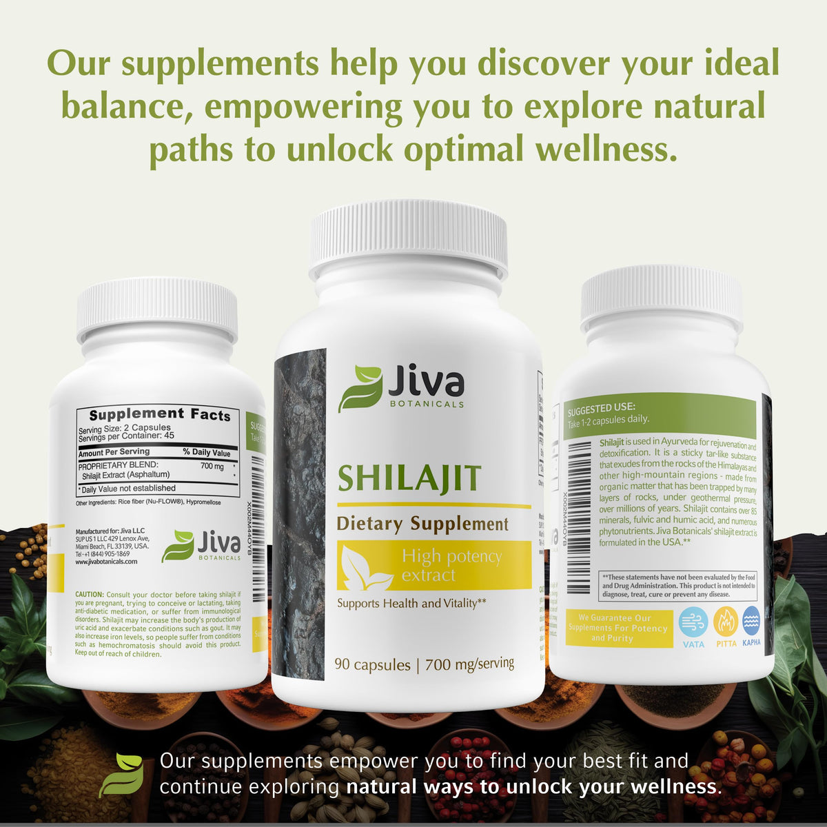 Capsules de Shilajit Jiva Botanicals avec des ingrédients naturels