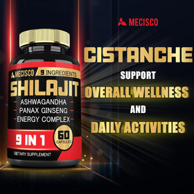 Capsules de Shilajit Mecisco sur une surface blanche