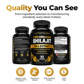 Capsules de Shilajit Nutratology 500mg avec ingrédients en arrière-plan
