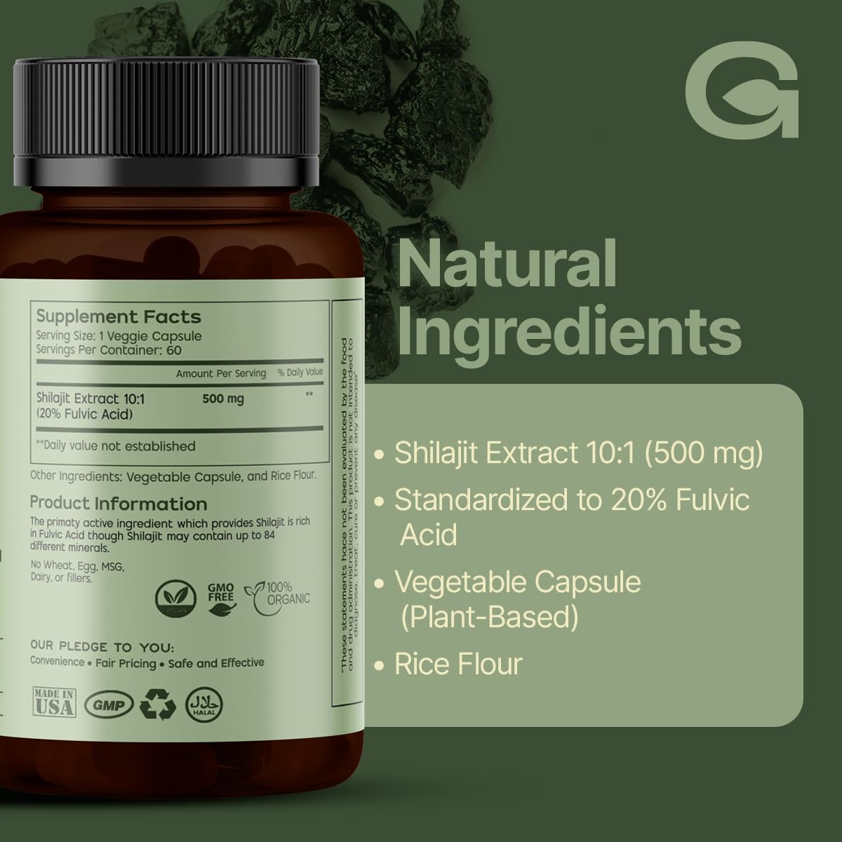 Capsules de Shilajit Pur Himalayen GREEN'S BEST avec ingrédients
