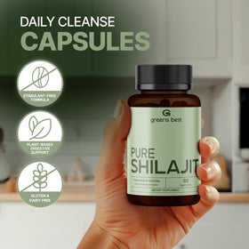 Capsules de Shilajit Pur Himalayen GREEN'S BEST sur fond blanc