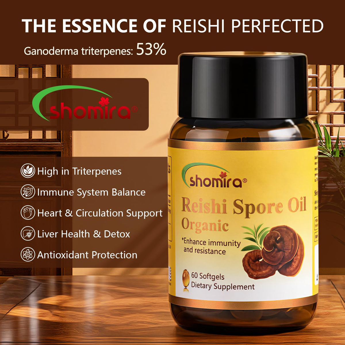 Capsules de Shomira Huile de Spore de Reishi sur fond blanc