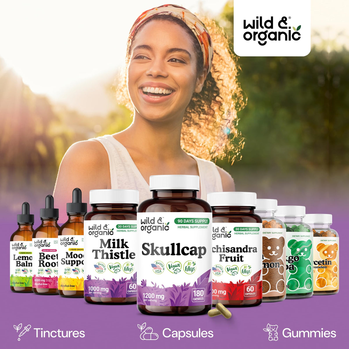 Capsules de skullcap Wild & Organic à côté d'un verre d'eau