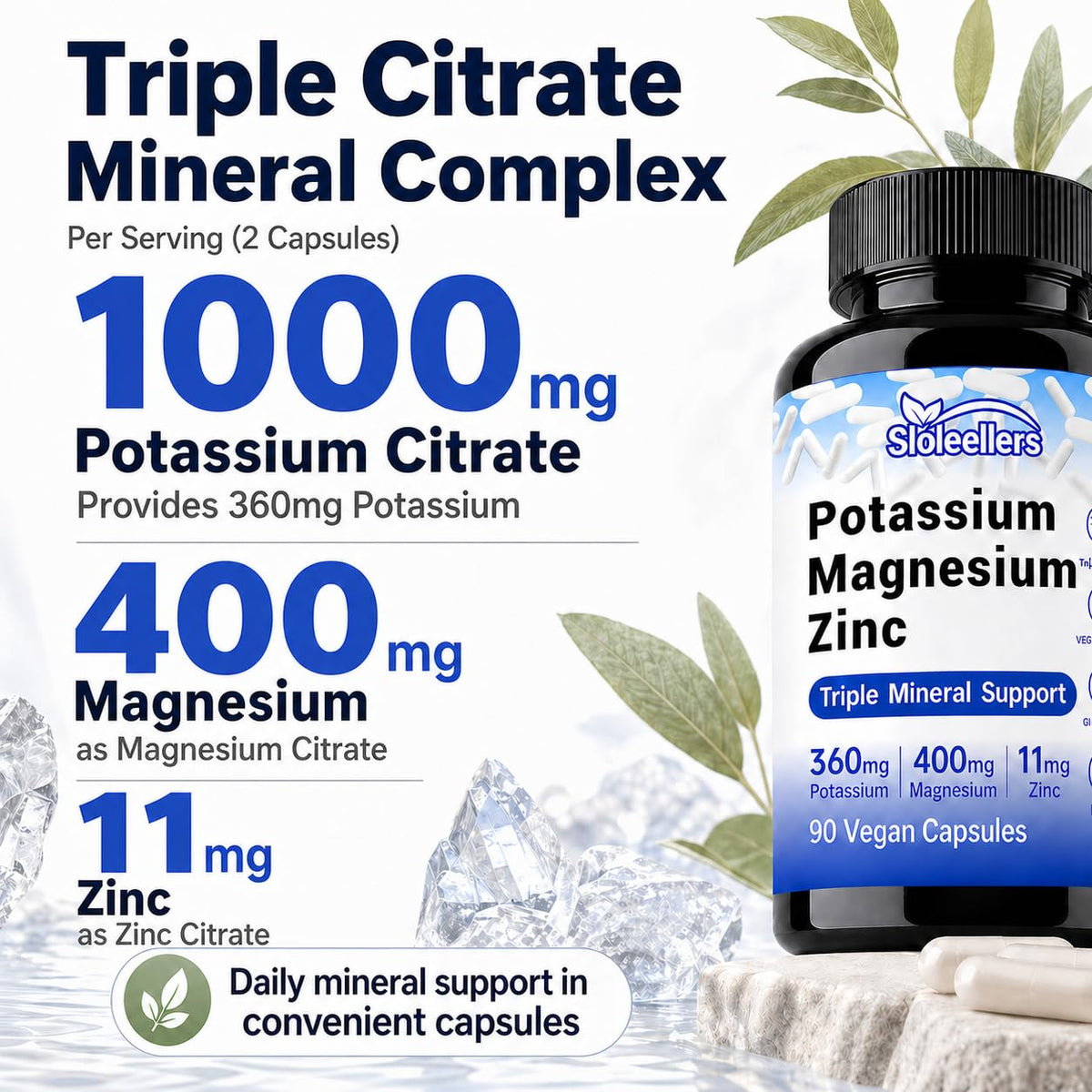 Capsules de Sloleellers Potassium Magnésium Zinc sur fond blanc