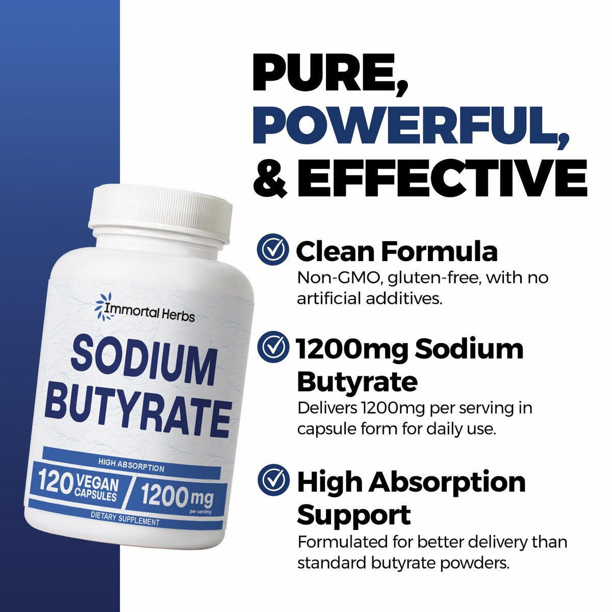 Capsules de Sodium Butyrate 1200mg Immortal Herbs sur fond blanc