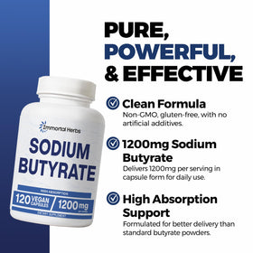 Capsules de Sodium Butyrate 1200mg Immortal Herbs sur fond blanc