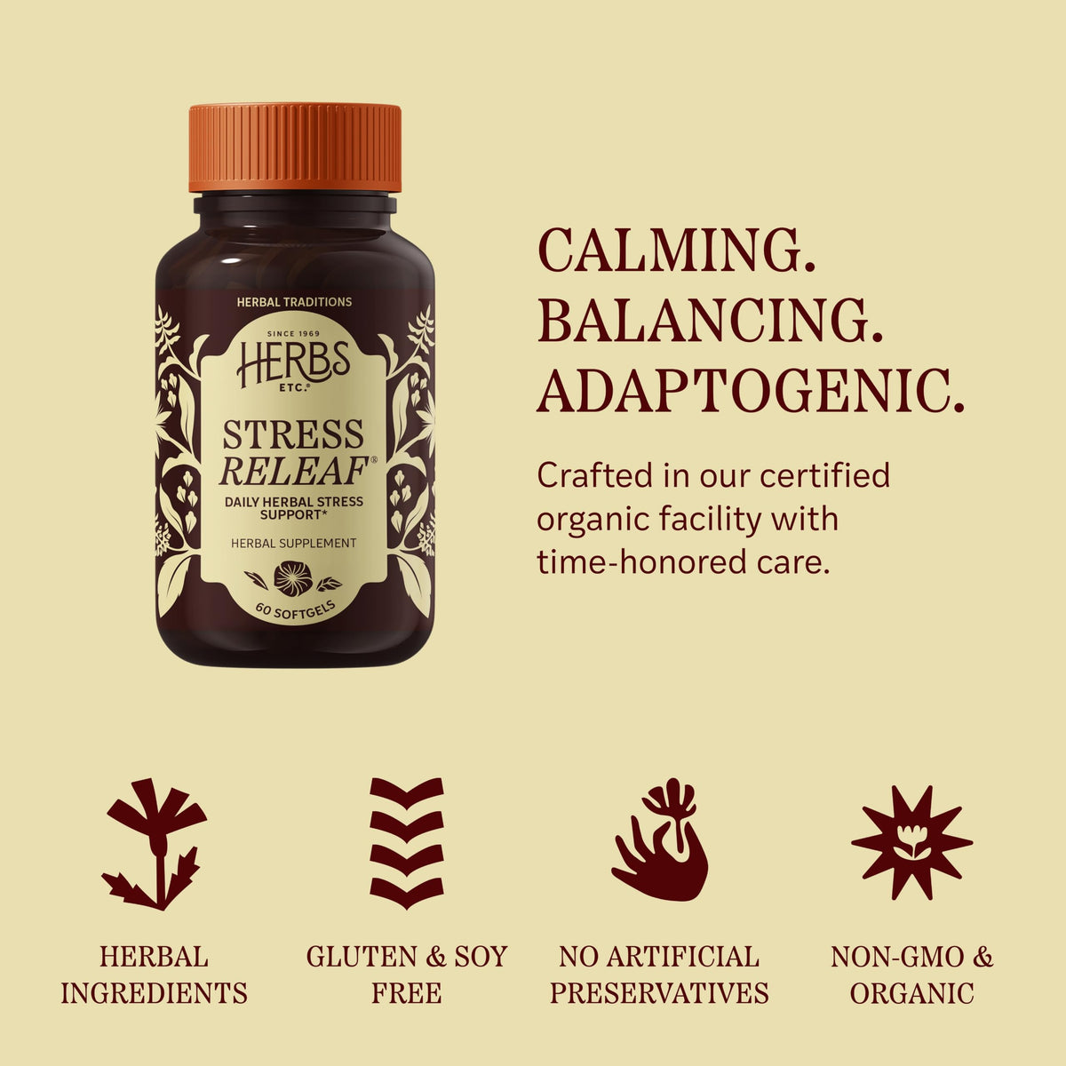Capsules de Softgels Stress ReLeaf de Herbs Etc. en gros plan