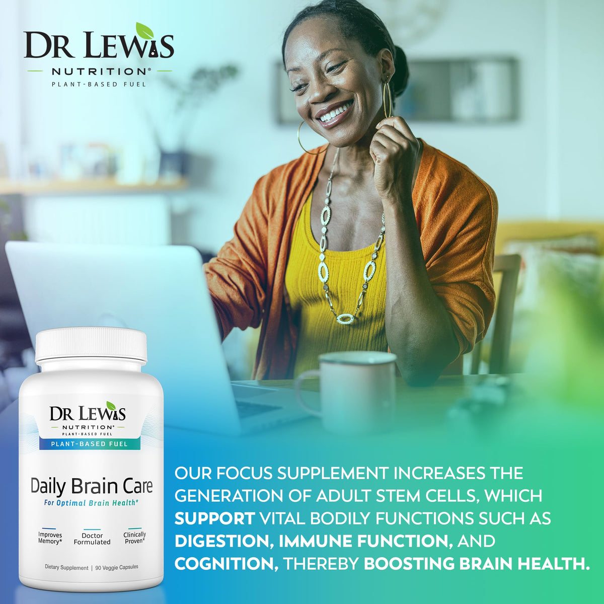 Capsules de soins cérébraux Dr Lewis Nutrition sur une table