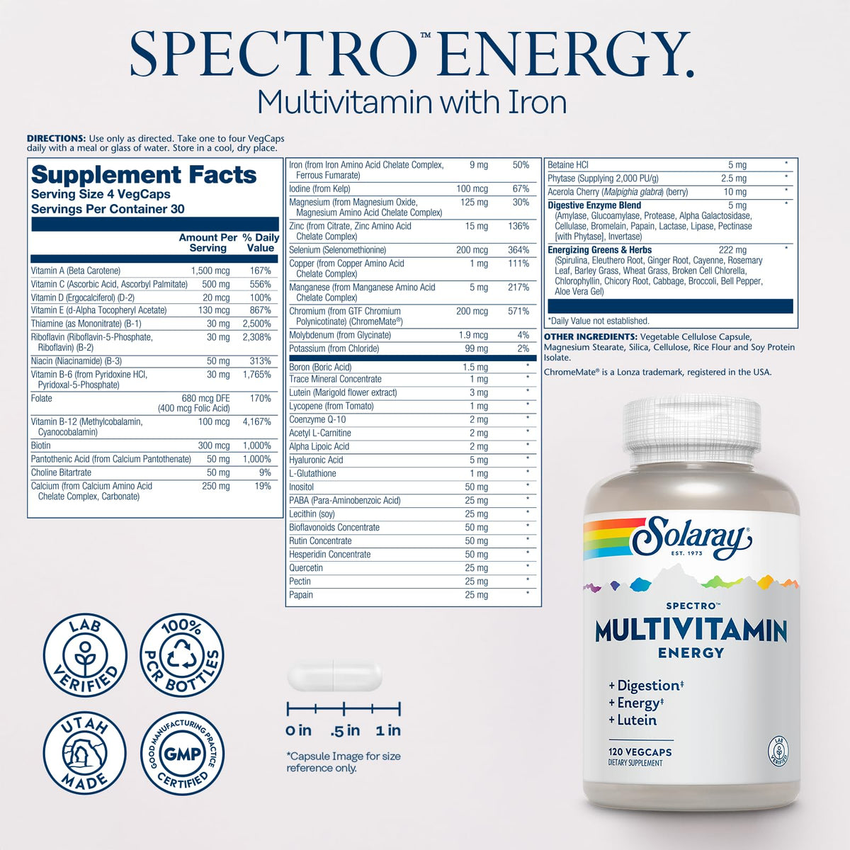 Capsules de SOLARAY Spectro Energy Multivitamin sur une surface blanche