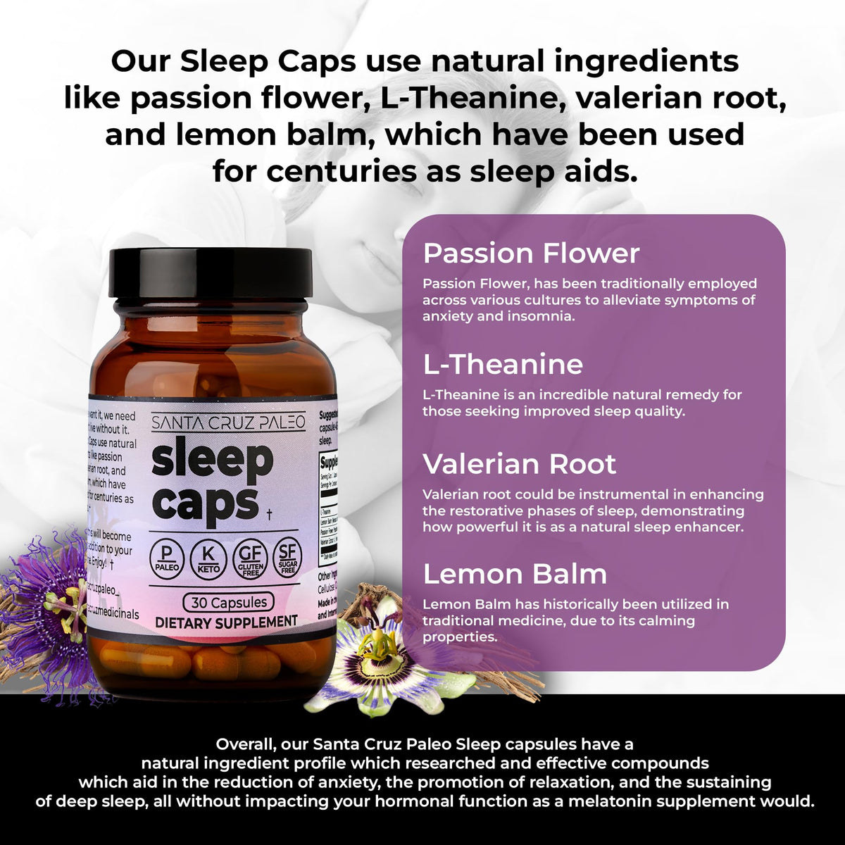 Capsules de sommeil Santa Cruz Paleo sur une surface en bois