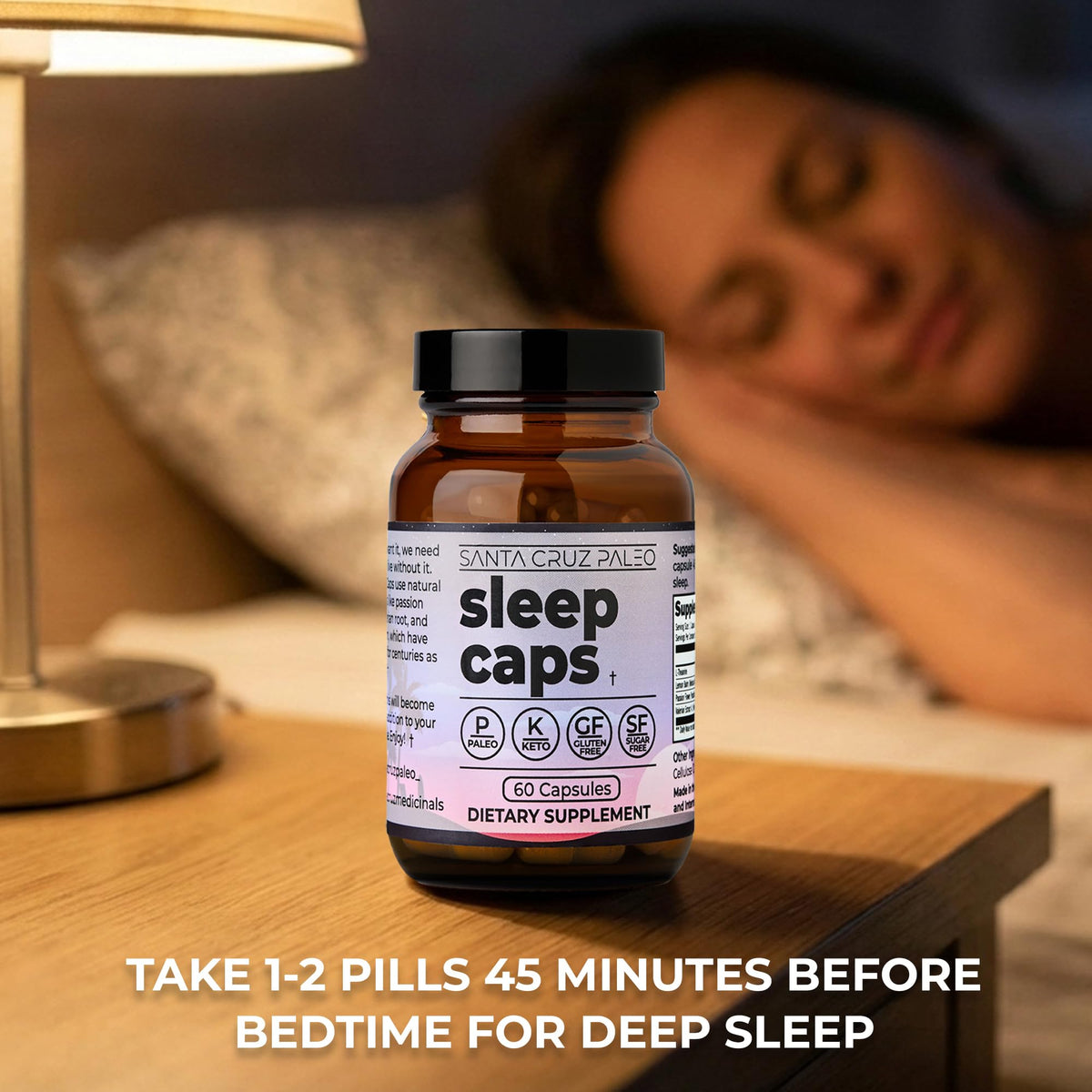 Capsules de Sommeil Santa Cruz Paleo sur une table en bois