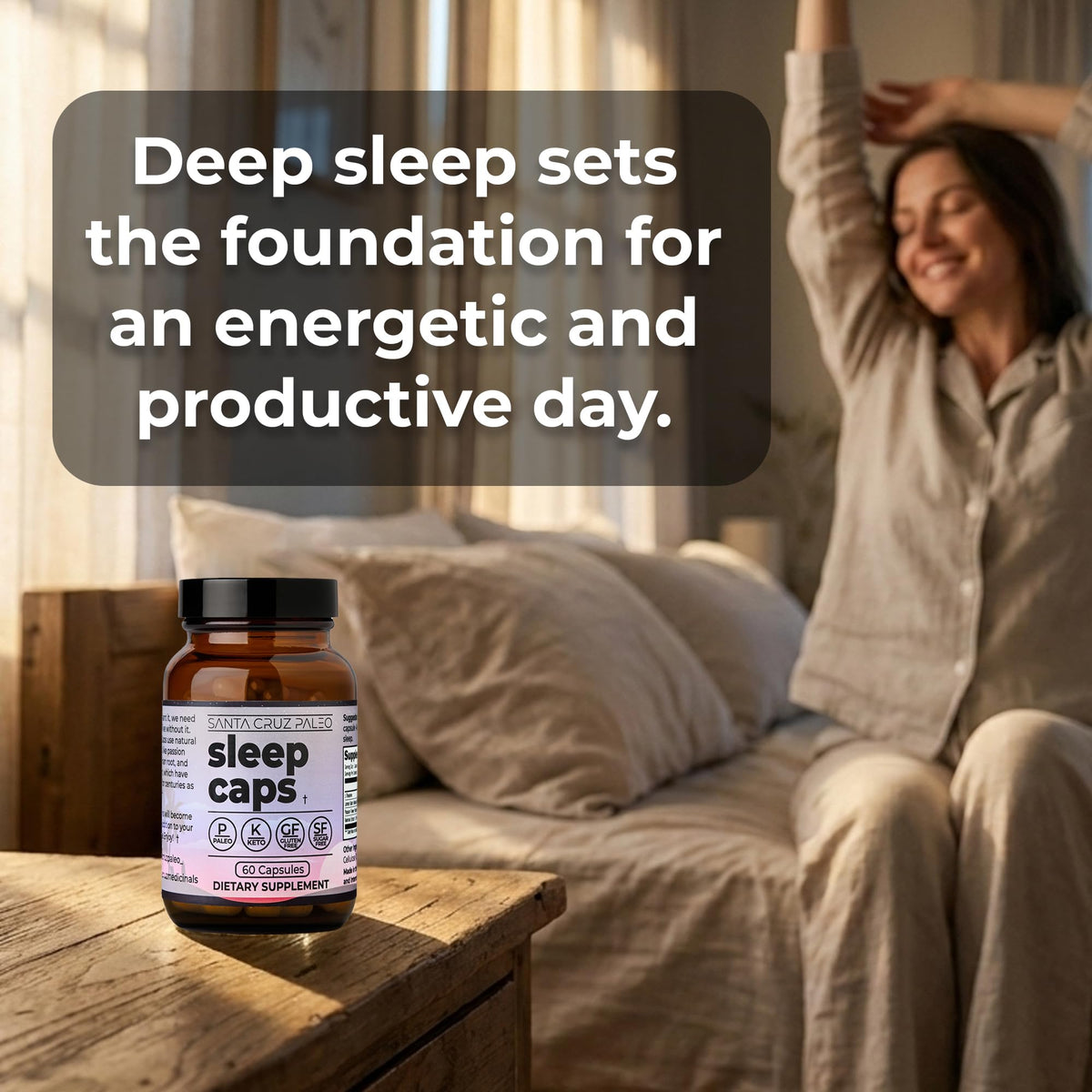 Capsules de Sommeil Santa Cruz Paleo, vue du dessus avec des ingrédients botaniques