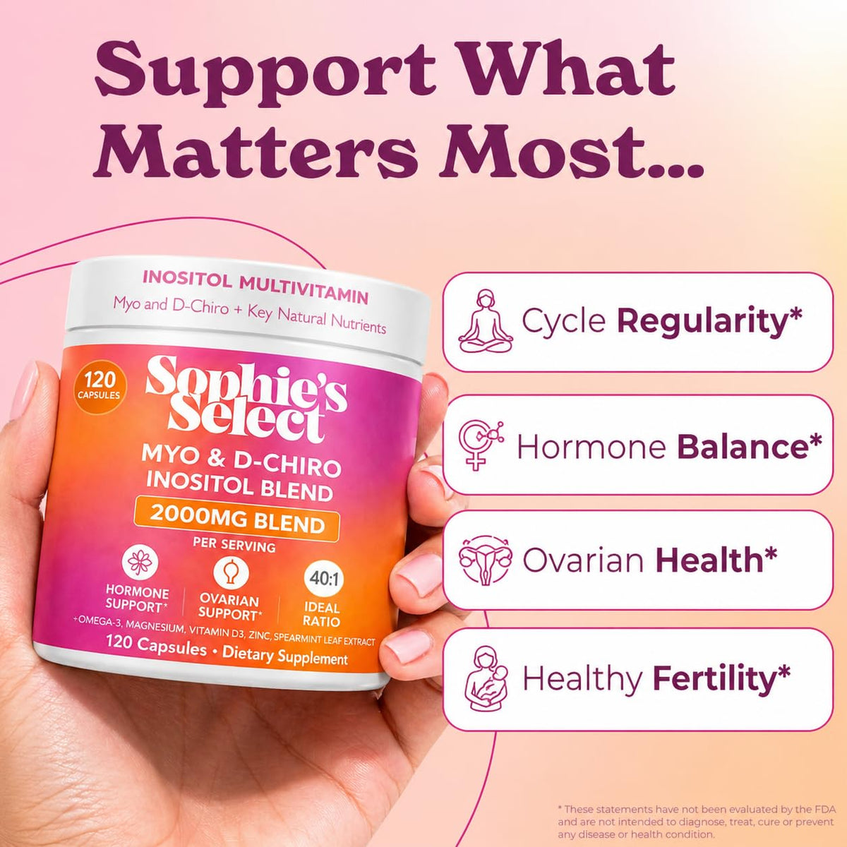 Capsules de Sophie's Select Inositol sur une surface blanche
