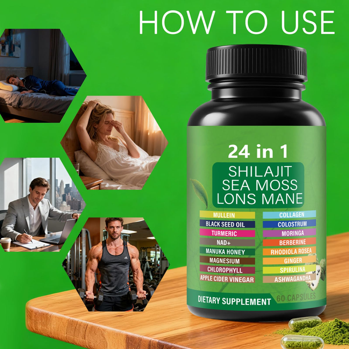 Capsules de Soursop ZYGCDZ sur une table en bois