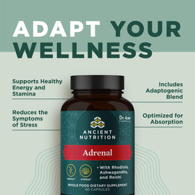 Capsules de soutien surrénalien Ancient Nutrition sur un fond neutre