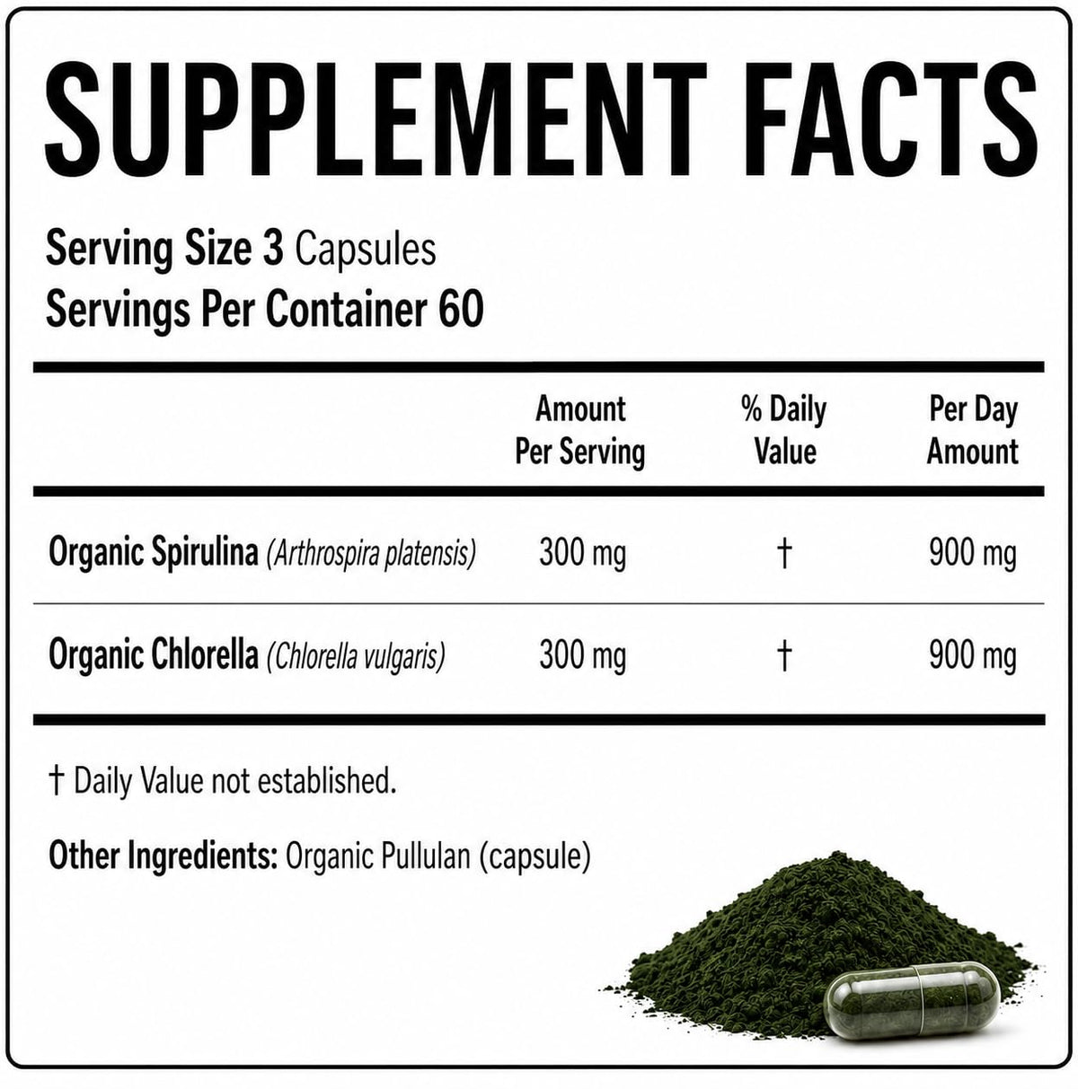 Capsules de Spiruline et Chlorelle Bio Teaveli sur une surface blanche