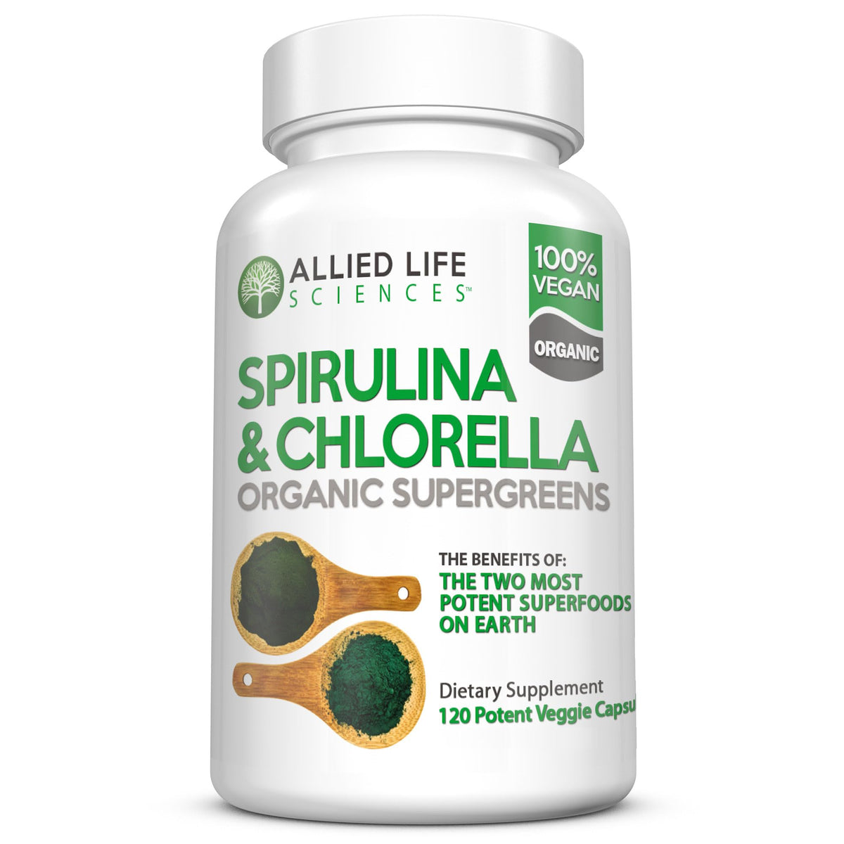 Capsules de Spiruline et Chlorelle d'Allied Life en flacon