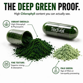 Capsules de spiruline et chlorelle Teaveli, vue de côté