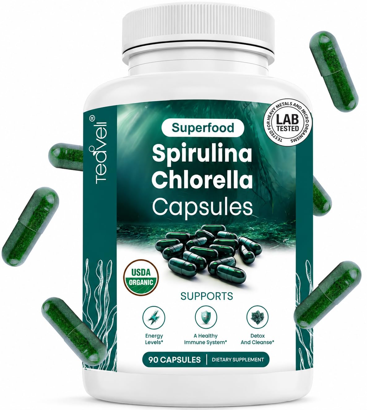 Capsules de spiruline et chlorelle Teaveli, vue de face