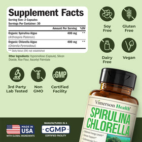 Capsules de Spiruline et Chlorelle Vimerson Health sur fond blanc