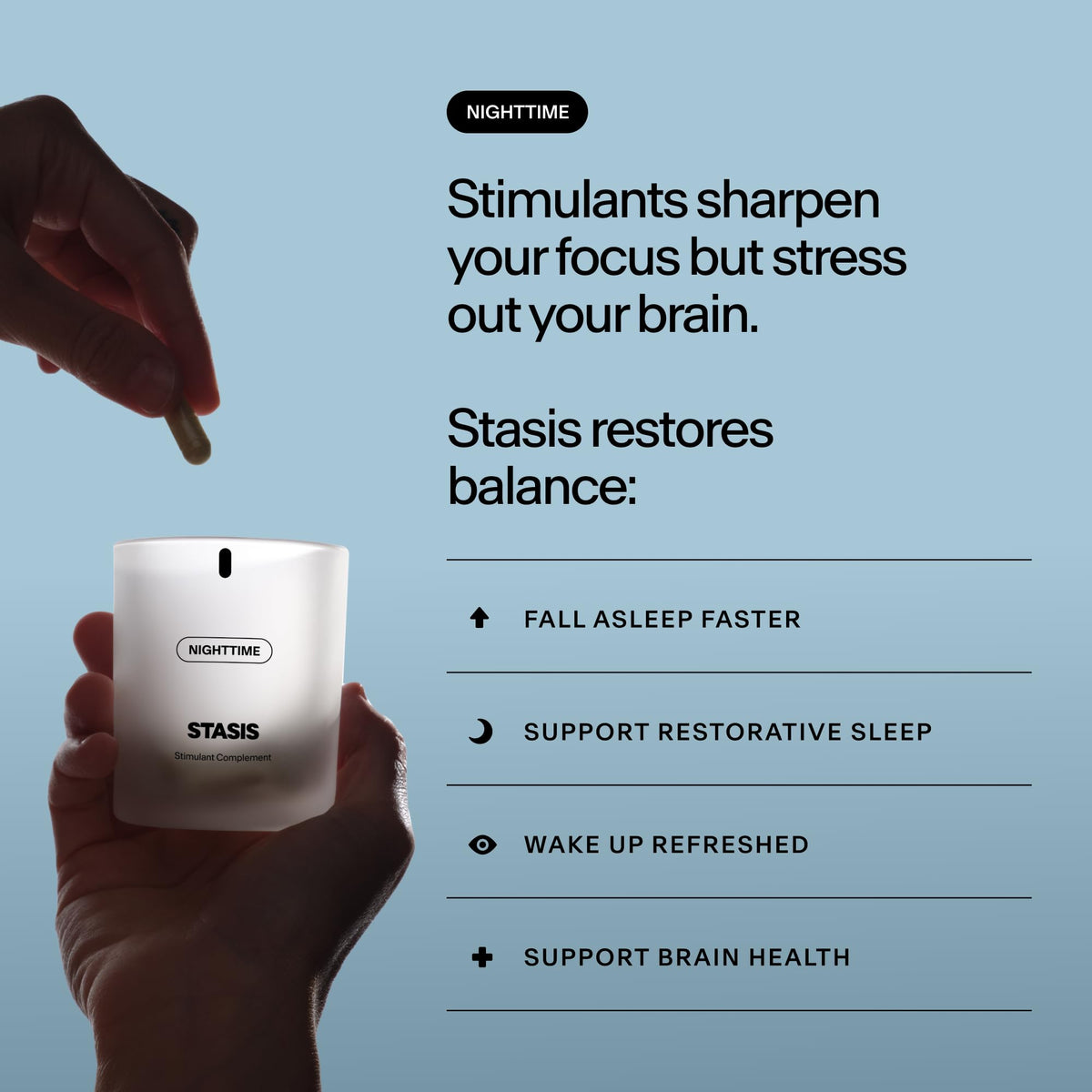 Capsules de STASIS Complément Alimentaire Nuit sur un fond blanc