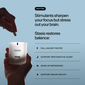 Capsules de STASIS Complément Alimentaire Nuit sur un fond blanc