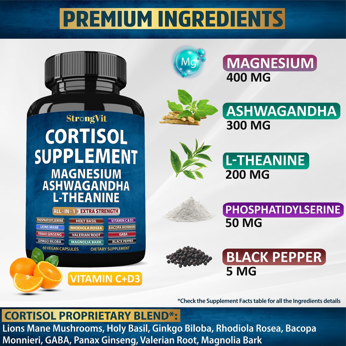 Capsules de StrongVit Cortisol avec ingrédients visibles