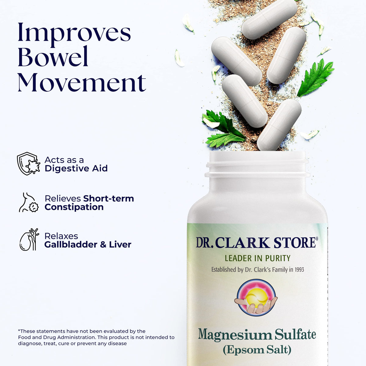 Capsules de sulfate de magnésium Dr Clark Store sur fond blanc