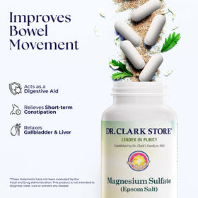 Capsules de sulfate de magnésium Dr Clark Store sur fond blanc