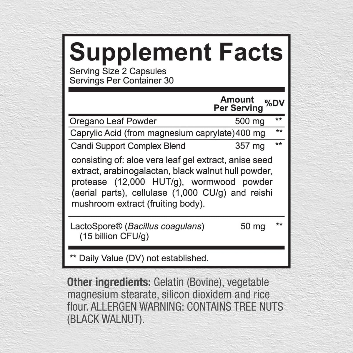Capsules de Sunergetic Candida Cleanse sur une surface blanche