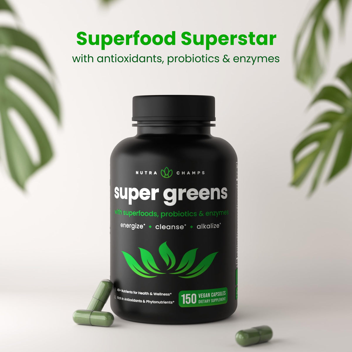 Capsules de Super Aliments Verts Bio NutraChamps sur une surface en bois