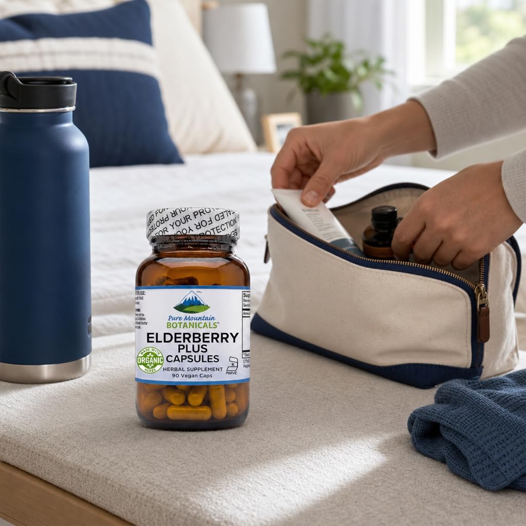 Capsules de sureau bio à côté d'autres compléments alimentaires