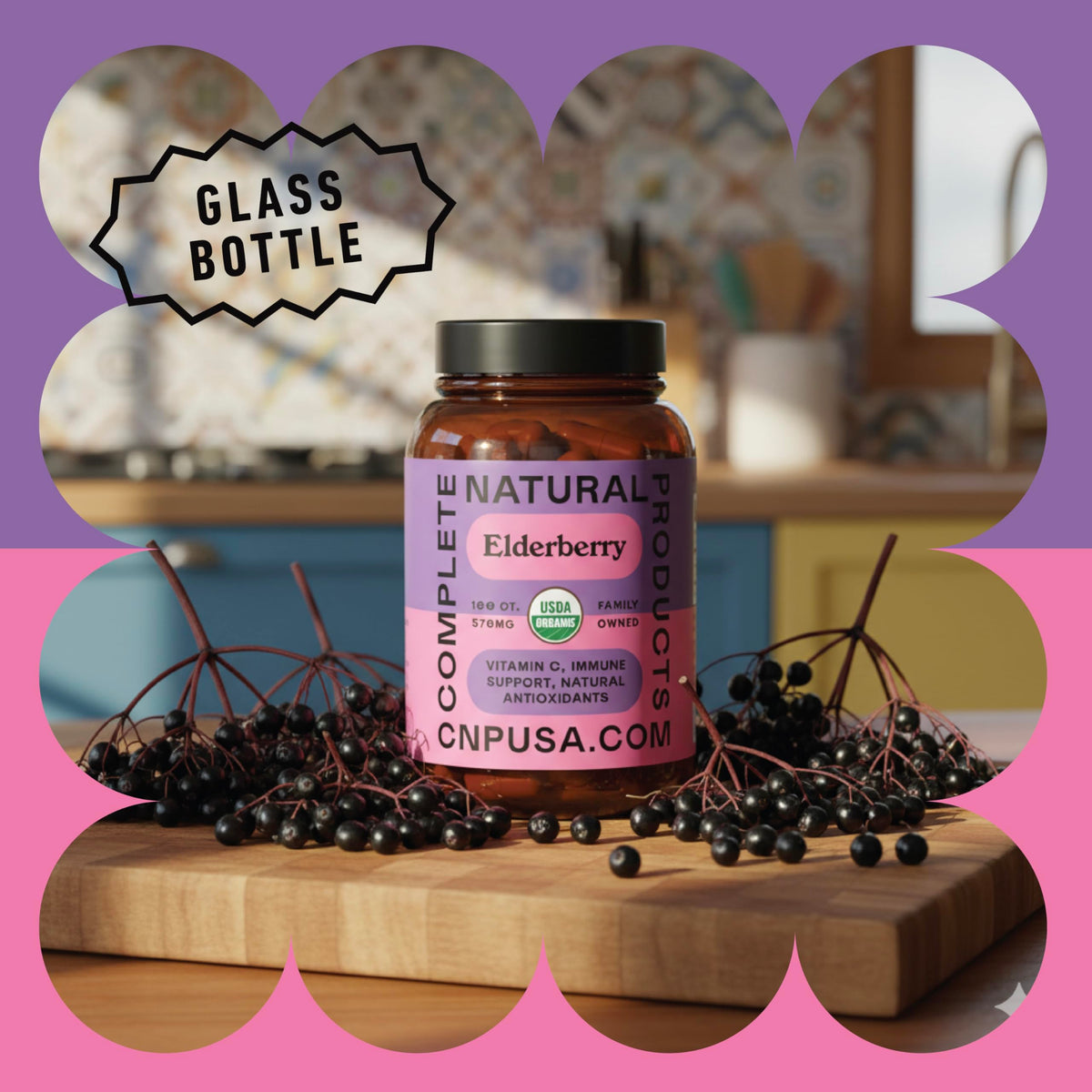 Capsules de Sureau et ingrédients sur une table