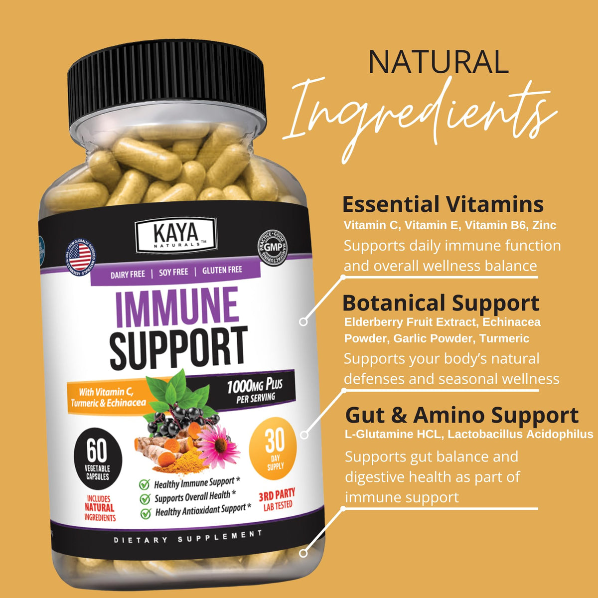Capsules de Sureau Kaya Naturals avec un verre d'eau