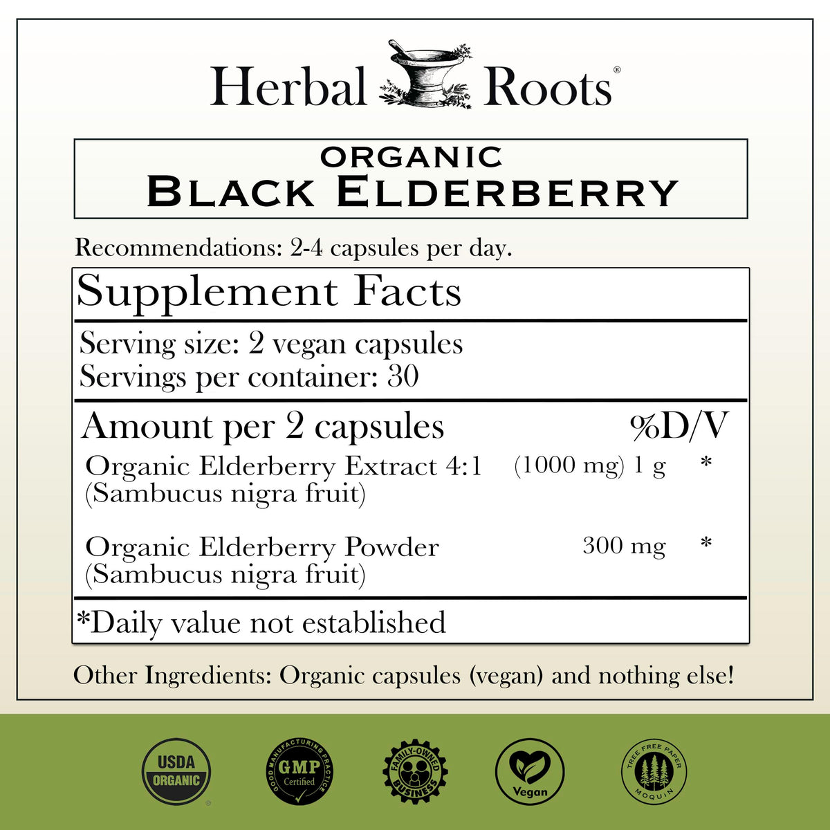 Capsules de sureau noir bio Herbal Roots sur une surface blanche