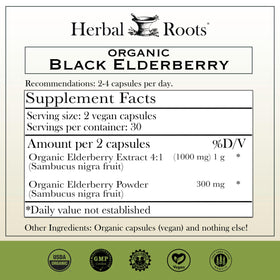 Capsules de sureau noir bio Herbal Roots sur une surface blanche
