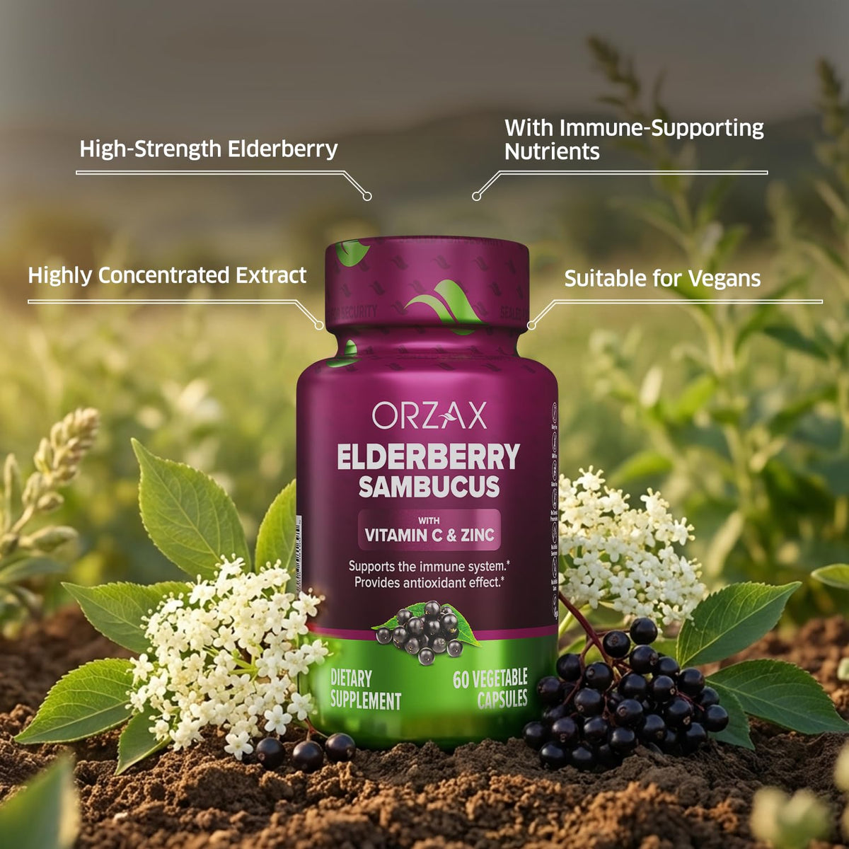 Capsules de sureau ORZAX sur une table en bois