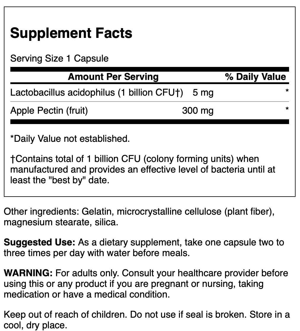 Capsules de Swanson Acide Lactique et Pectine de Pomme sur une surface blanche
