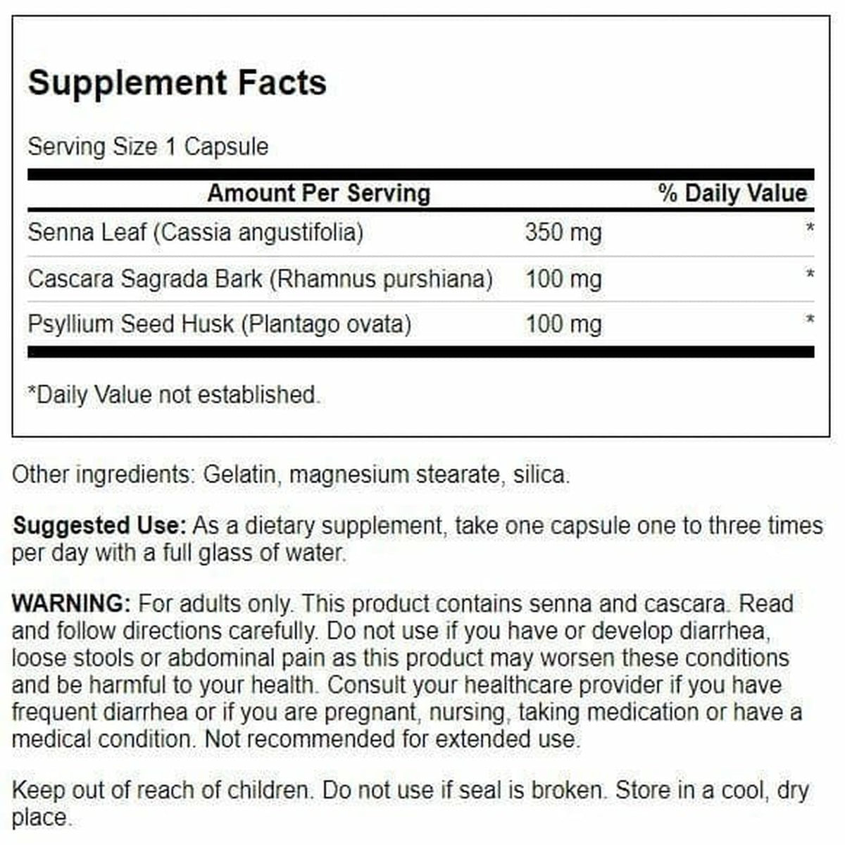 Capsules de Swanson Complex Psyllium Cascara sur une surface blanche