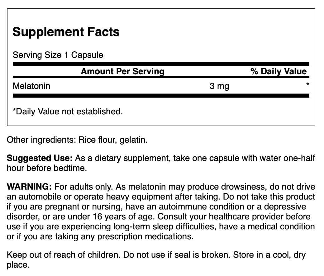 Capsules de Swanson Mélatonine 3 mg sur une surface blanche