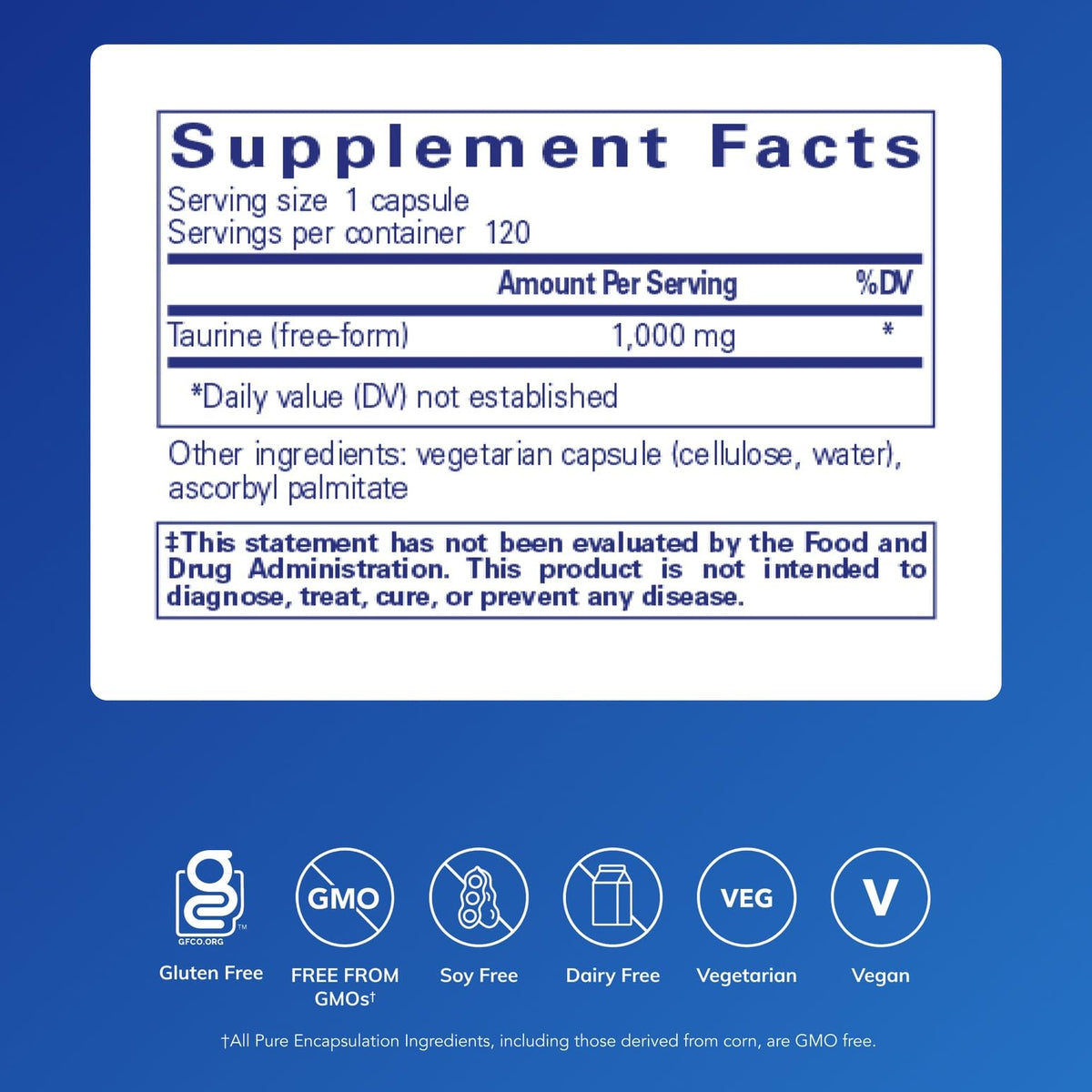 Capsules de Taurine 1 000 mg Pure Encapsulations sur une surface blanche